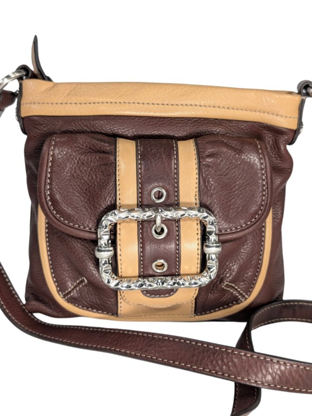 b.makowsky Brown Tan Leather Color Block Chunky Buckle Zip Crossbody w/Pockets - Picture 2 of 11